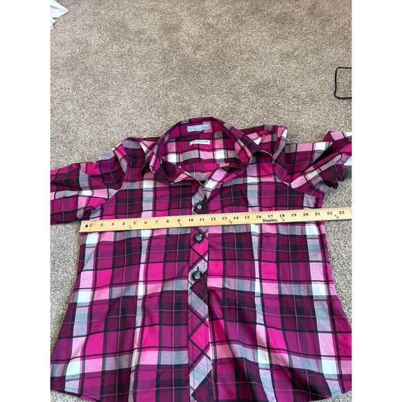 Pendleton Petite Flannel Wrinkle Free pink plaid wide sleeve button up pink/blk - Picture 8 of 9